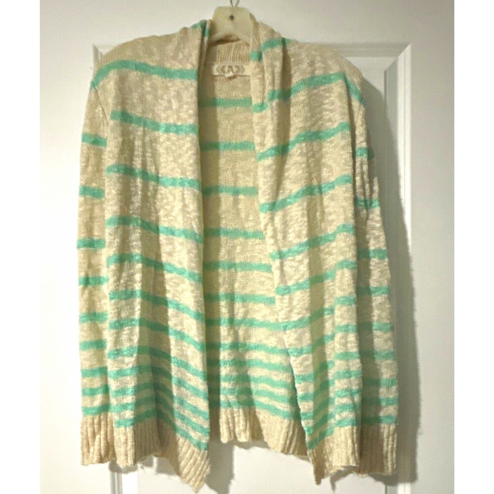 PNK ROSE Women's Beige/Green Striped Open Front Long Sleeve Knit Cardigan M